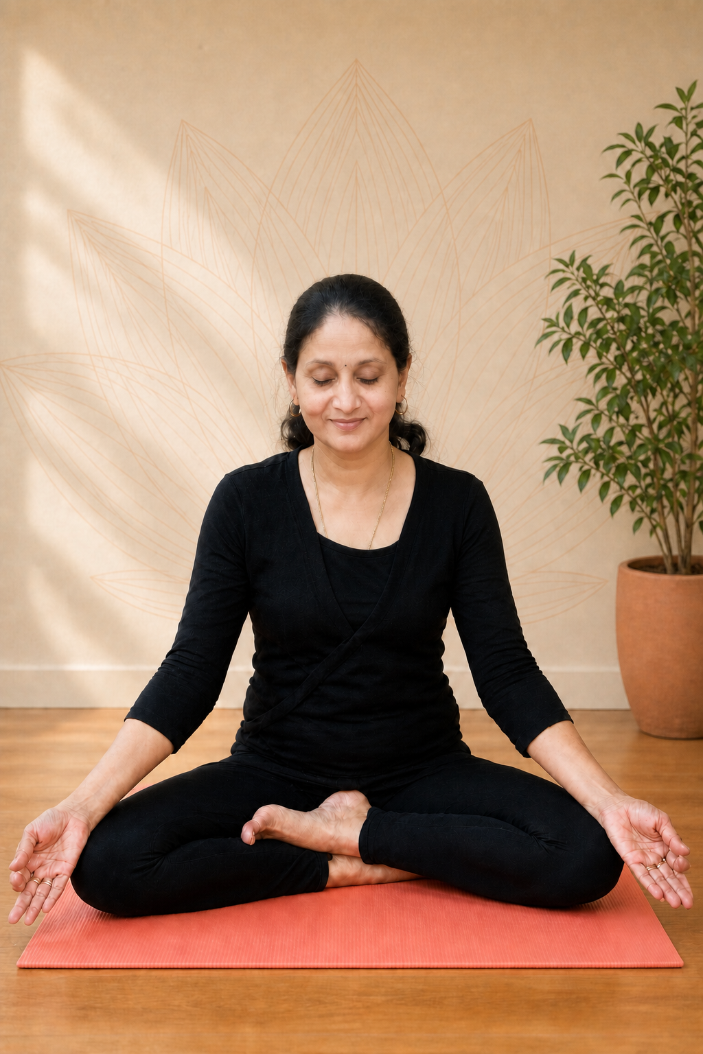 Nandini meditating before a lotus mural with a studio planter