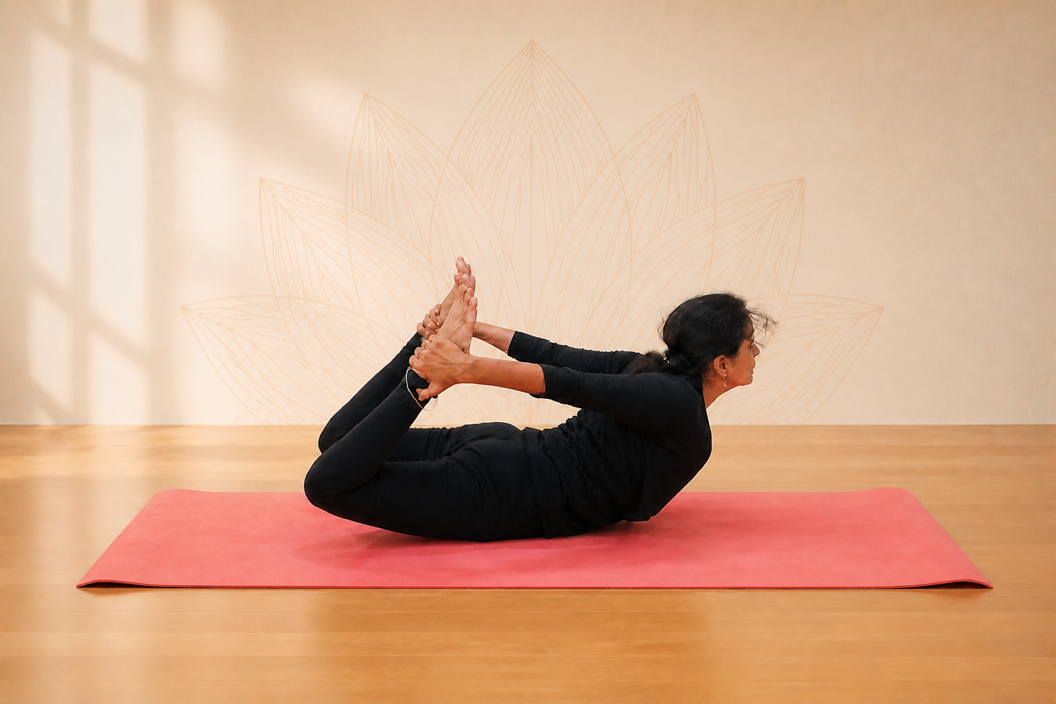 Nandini practising bow pose centered before a lotus mural