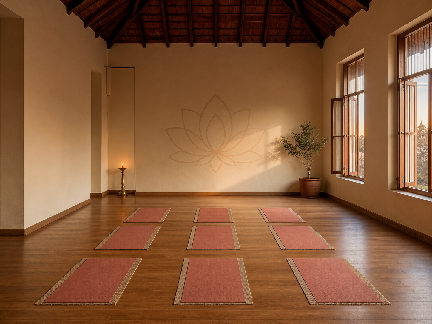 Nandi Yoga's warm practice hall prepared before dawn
