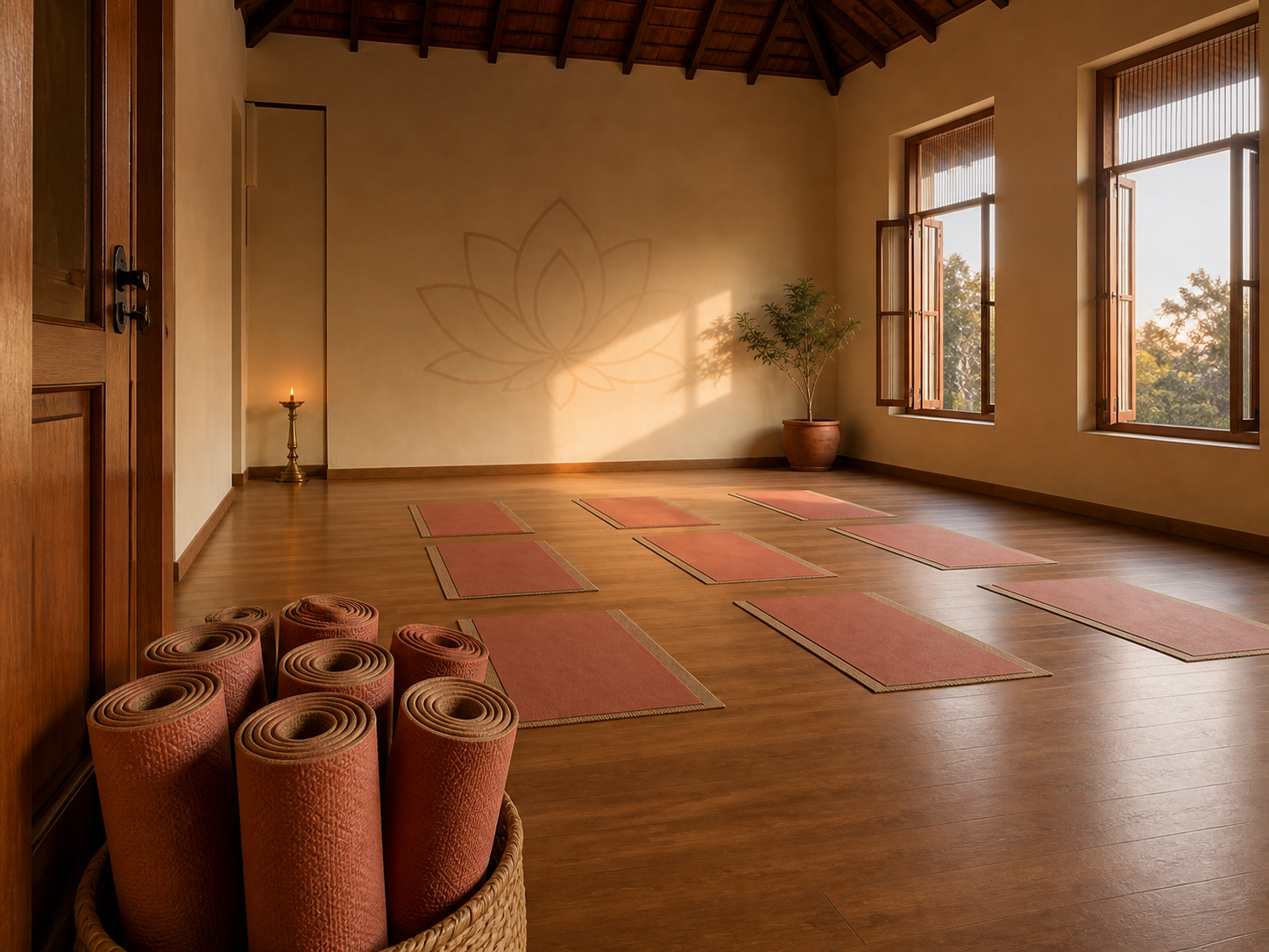 Rolled yoga mats waiting beside the doorway of the shala