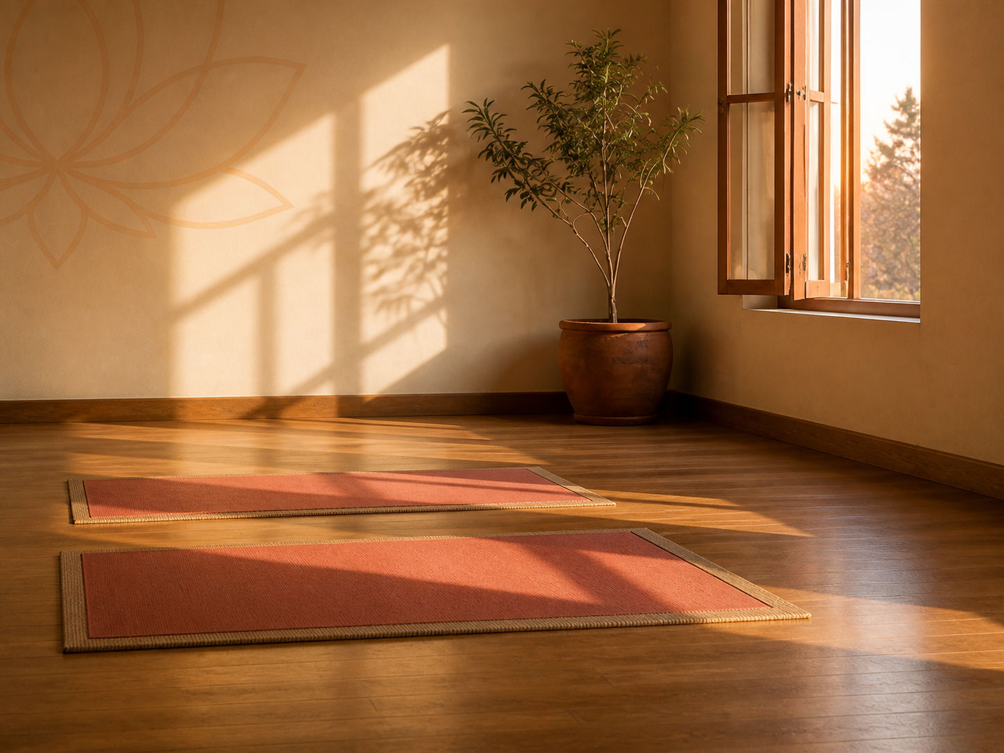 East-window sunlight crossing two coral mats on the wooden floor