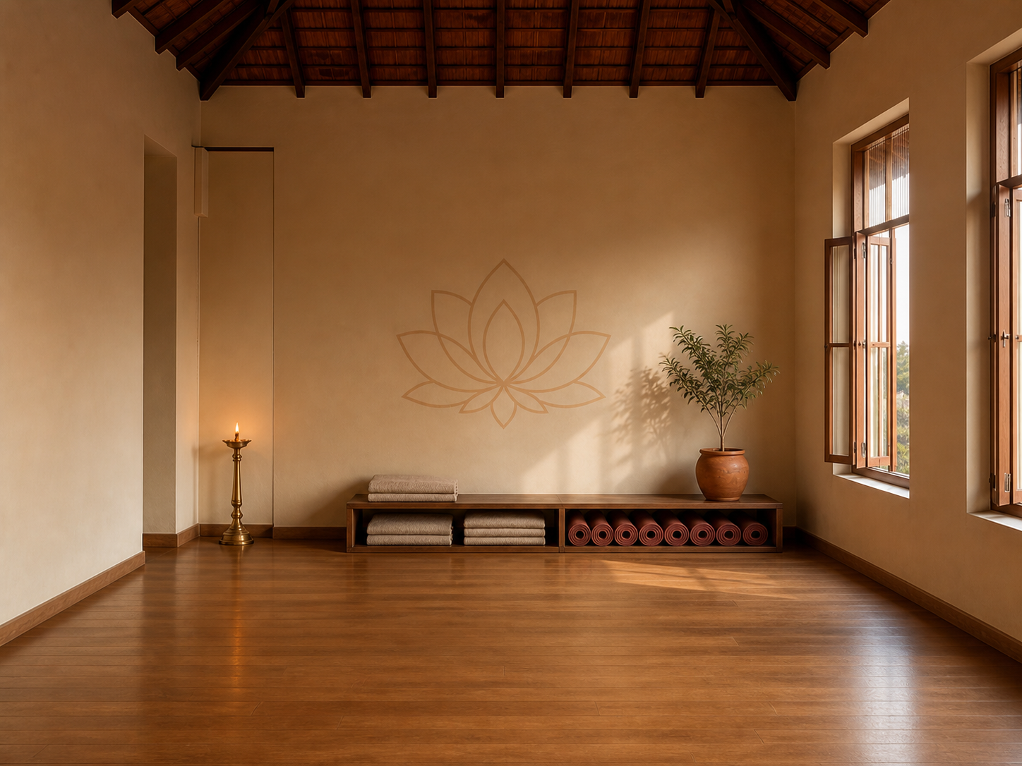 The shala meditation corner with folded blankets, mats and brass lamp