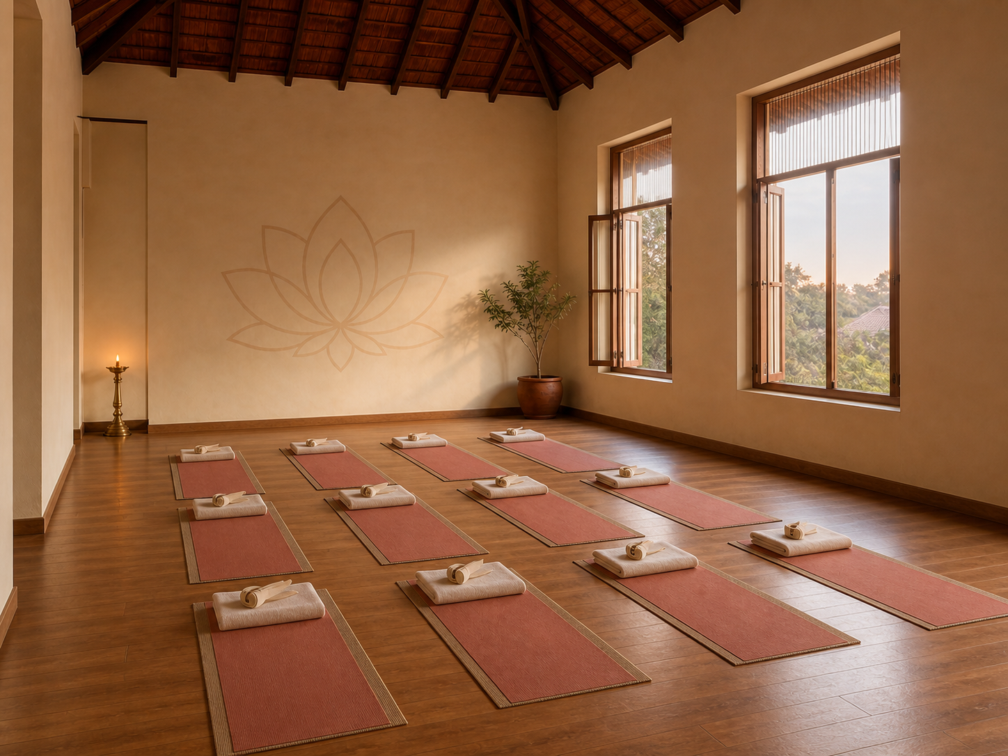 Twelve yoga mats arranged for a small class