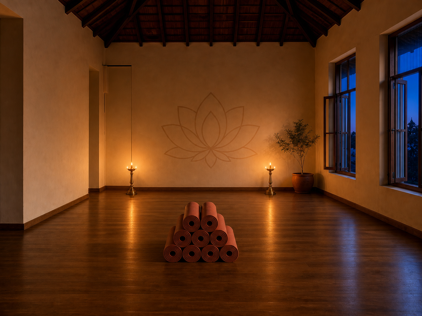 The empty shala at twilight with traditional brass lamps glowing